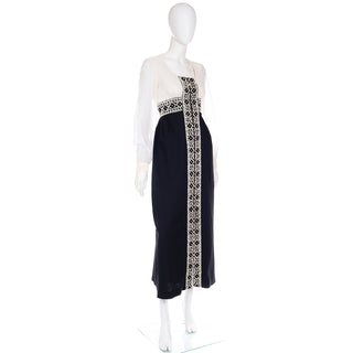 1960s Vintage Black & White Chiffon Beaded Seed Bead Dress With High Slit