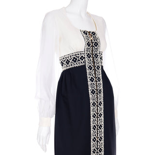 1960s Vintage Black & White Chiffon Beaded Dress With High Slit with Seed Beads