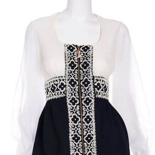 1960s Vintage Black & White Chiffon Beaded Dress With High Slit S/M