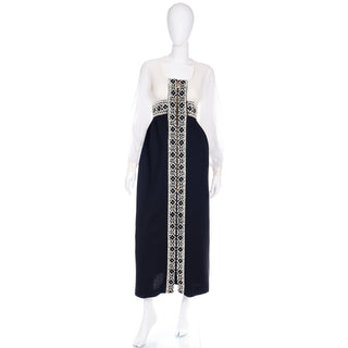 1960s Vintage Black & White Chiffon Beaded Long Dress With High Slit