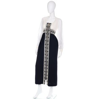 1960s Vintage Black & White Chiffon Beaded Maxi Dress With High Slit