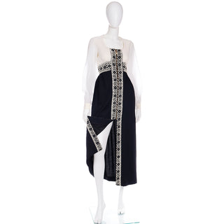 1960s Vintage Black Crepe & White Chiffon Beaded Dress With High Slit