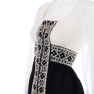 1960s Vintage Black & White Chiffon Beaded Dress w High Slit 