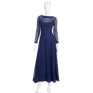 Vintage 70s Blue Cutwork Day or Evening Dress w Low Scoop Back Modig Vintage 70s Blue Cutwork Day or Evening Dress w Low Scoop Back Modig