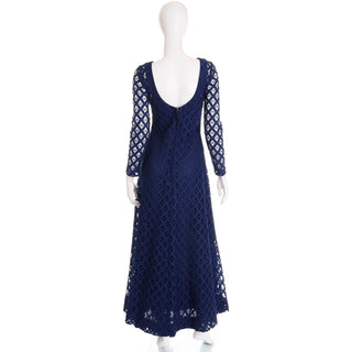 1970s Blue Cutwork Vintage Evening Dress w Low Scoop Back Maxi