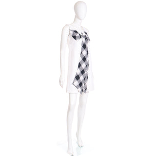 1960s Mod Vintage Dress in White Cotton Pique W Black Plaid Check Bow S