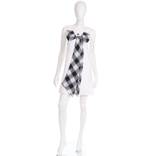 1960s Mod Vintage Dress in White Cotton Pique W Black Plaid Check Sash Bow