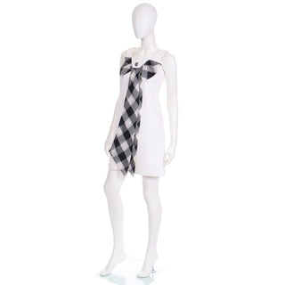 1960s Mod Vintage Dress in White Cotton Pique W Black Plaid Check Bow Size Small