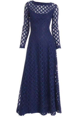1970s Blue Cutwork Vintage Evening Dress w Low Scoop Back