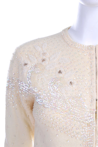 Vintage 1950s Cream Ivory Beaded cashmere Cardigan Sweater