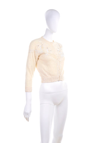 1950s Cream Ivory Beaded Cashmere Cardigan Sweater