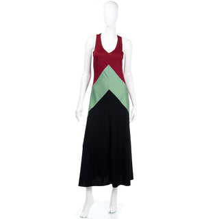 1970s Black Red & Sage Green Color Block Sleeveless Jersey Dress With Bolero