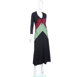 1970s Black Red & Sage Green Color Block Jersey Dress W Bolero 