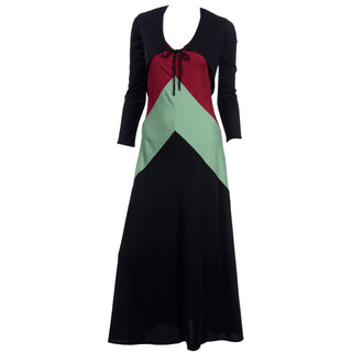 1970s Black Red & Sage Green Color Block Jersey Dress With Bolero Maxi Dress 70s