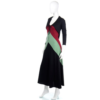 1970s Black Red & Sage Green Color Block Jersey Tank Dress With L/S Bolero