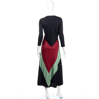 1970s Black Red & Sage Green Color Block Jersey Maxi Dress With Bolero