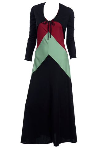 1970s Black Red & Sage Green Color Block Jersey Dress With Bolero