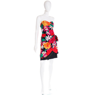 1980s A J Bari Saks Fifth Avenue Multi Colored Floral Strapless Sweetheart neckline Dress