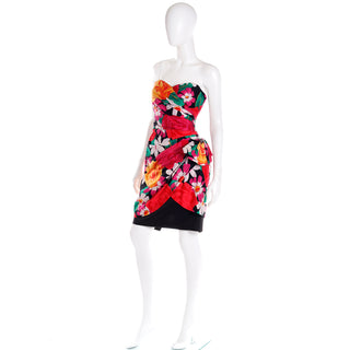 1980s A J Bari Saks Fifth Avenue Multi Colored Floral Strapless Dress Vintage
