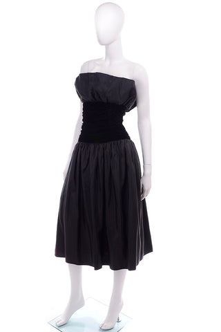 1980s Vintage Black Strapless Evening Dress Velvet Taffeta