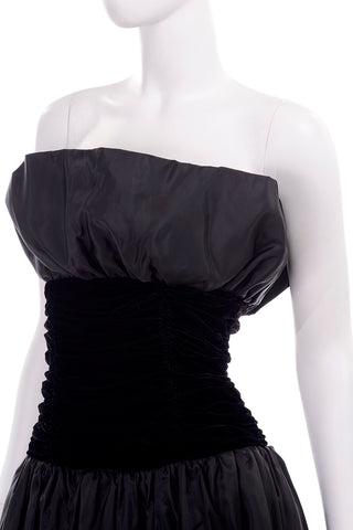 1980s Vintage Black Strapless Evening Dress Ruffle