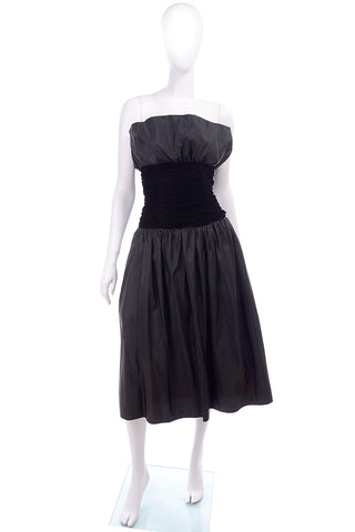 1980s Vintage Black Strapless Evening Dress Taffeta & Velvet