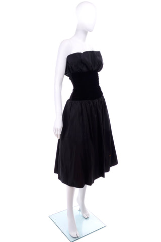 1980s Vintage Black Strapless Evening Dress pleated velvet & taffeta