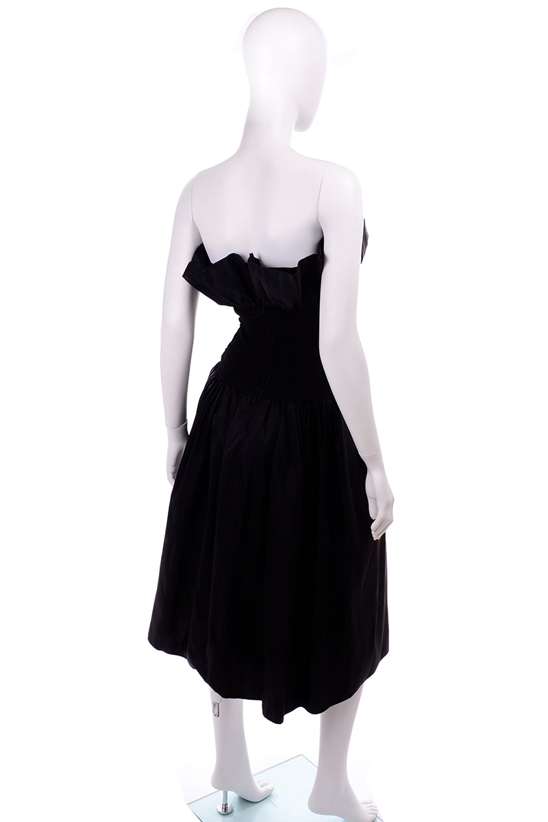 1980s Vintage Strapless Black Taffeta & Velvet Evening Dress w Ruffle Modig 1980s Vintage Strapless Black Taffeta & Velvet Evening Dress w Ruffle Modig