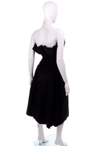 Ruffled 1980s Vintage Black Strapless Evening Dress