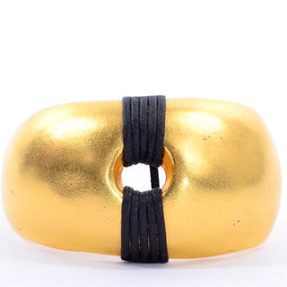 OOAK 1980s Vintage Gold Plated Cuff Bracelet w/ Wrapped Black Band Details