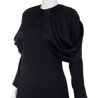 1980s Adele Simpson Vintage Black Crepe Dress W Dramatic Satin Pleated Drape