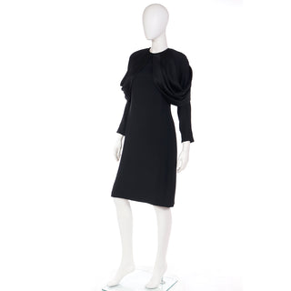 1980s Adele Simpson Vintage Black Crepe Dress W Dramatic Drape M
