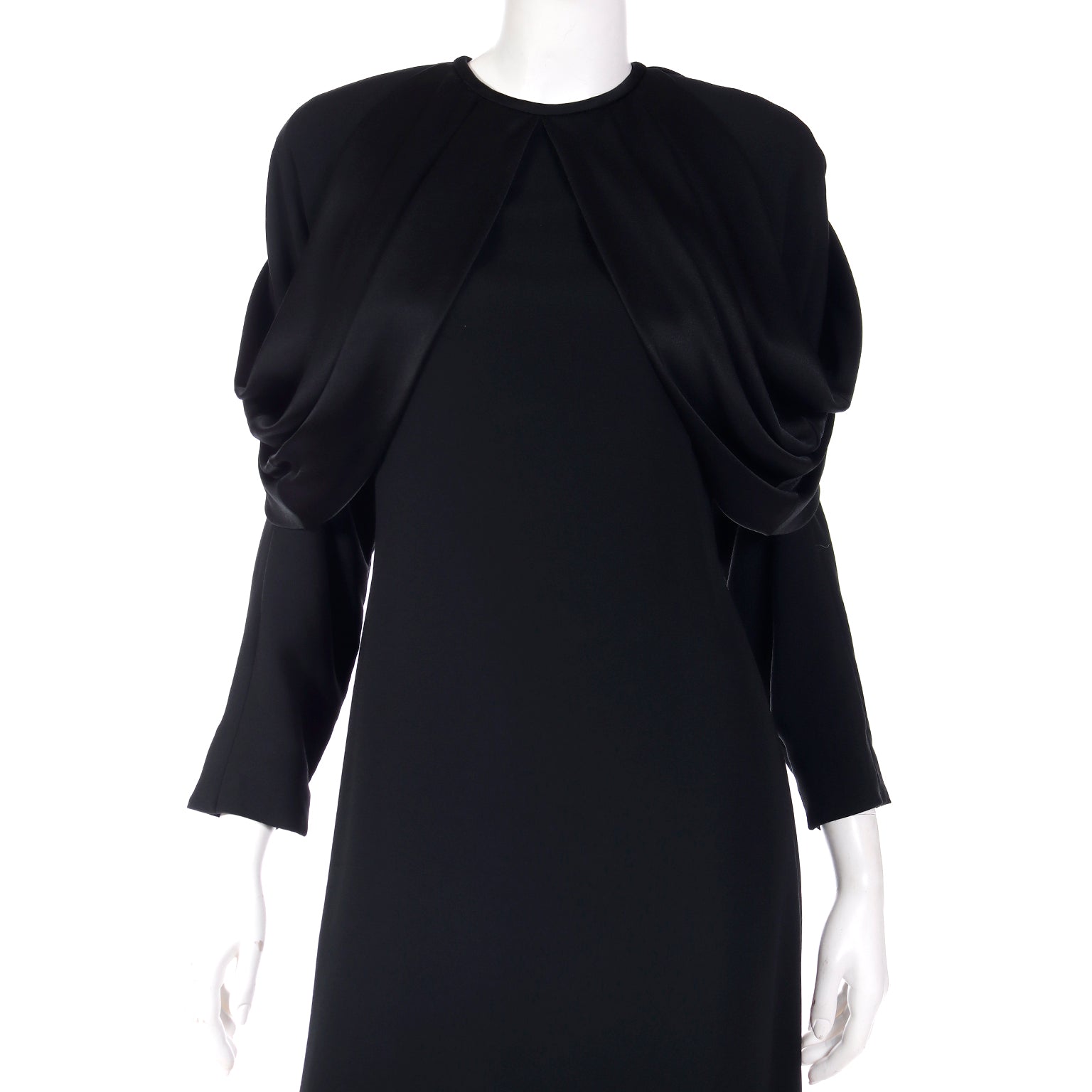 Adele Simpson Vintage Black Crepe Dress W Dramatic Satin Drape Modig Adele Simpson Vintage Black Crepe Dress W Dramatic Satin Drape Modig