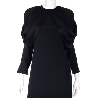 1980s Adele Simpson Vintage Black Crepe Dress W Dramatic Drape 80s