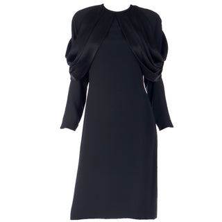 1980s Adele Simpson Vintage Black Crepe Dress W Dramatic Drape in Rayon blend