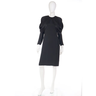 1980s Adele Simpson Vintage Black Crepe Dress W Dramatic Drape Medium