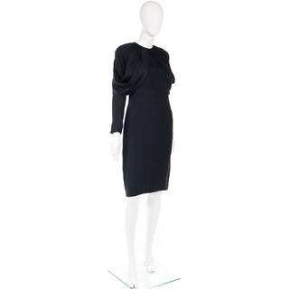 1980s Adele Simpson Vintage Black Crepe Dress W Dramatic Satin Drape