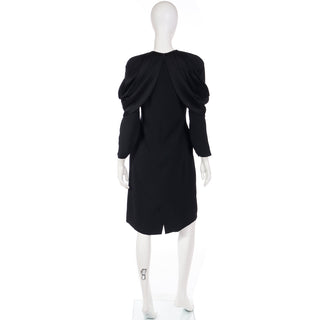 1980s Adele Simpson Vintage Black Crepe Dress W Satin Dramatic Drape
