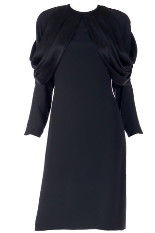 1980s Adele Simpson Vintage Black Crepe Dress W Dramatic Drape
