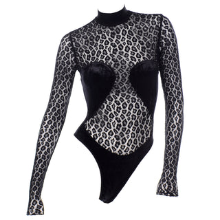 Azzedine Alaia 1991 Runway Animal Print Lace Velvet Bodysuit Top Cheetah Leopard