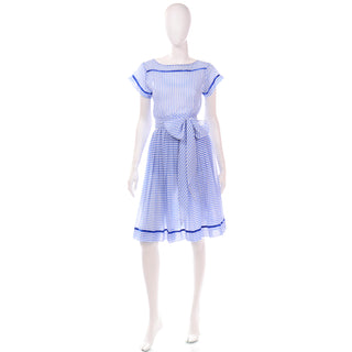 Albert Nipon Vintage Blue and White Striped Cotton Voile Dress with sash