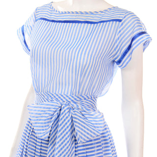70s Albert Nipon Vintage Blue and White Striped Cotton Voile Dress