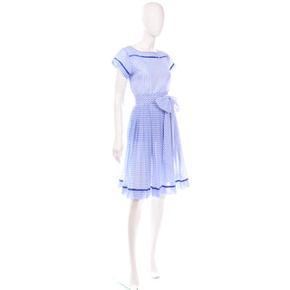 Albert Nipon Vintage Blue and White Striped Cotton Voile Dress 2 piece