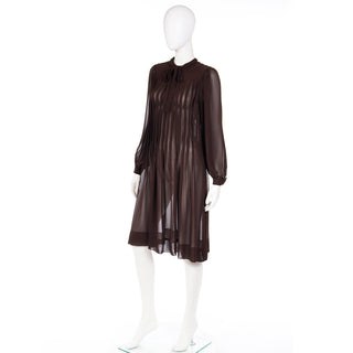 1970s Albert Nipon sheer brown pleated dress with Neck bow