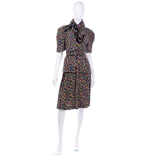 Vintage Albert Nipon Colorful Confetti Print Silk 2 Pc Dress w Scarf