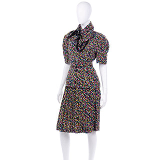Vintage Albert Nipon Colorful Confetti Print Silk 2 Pc Dress with Scarf and matching belt