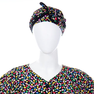 Vintage Albert Nipon Colorful Confetti Print Silk 2 Pc Dress with Scarf and waist belt