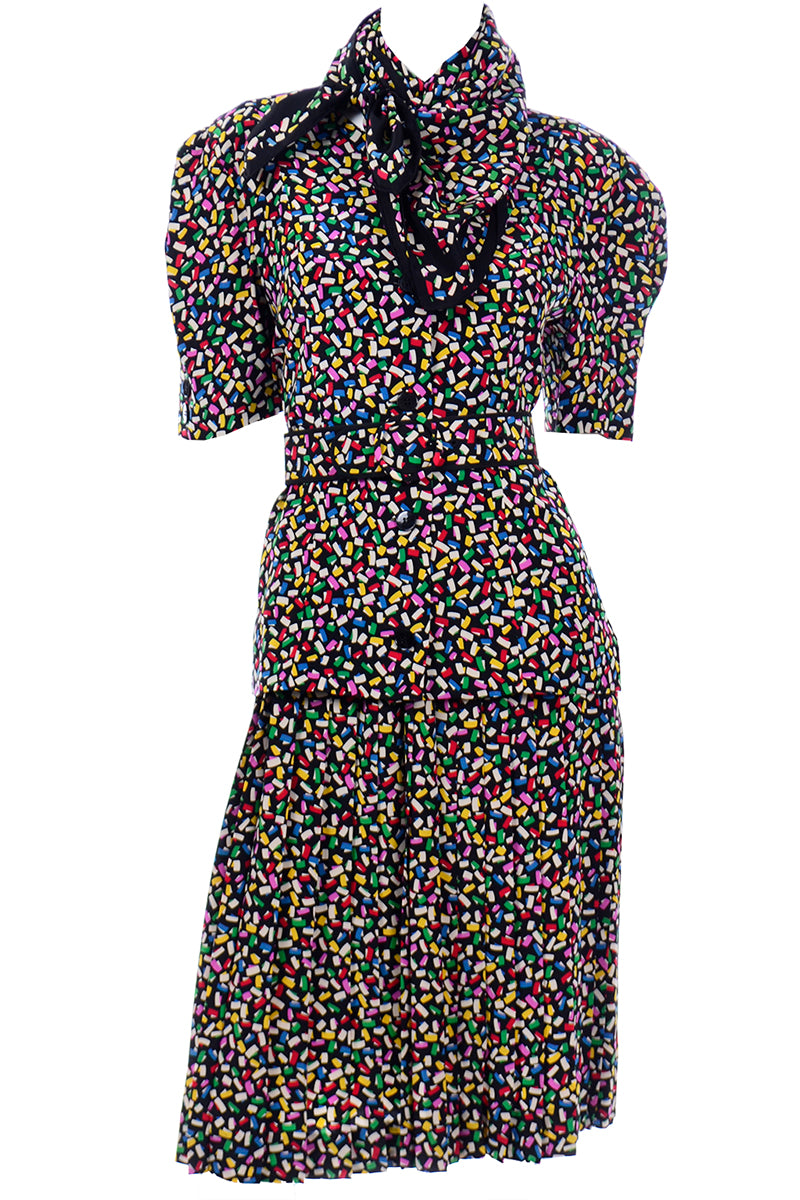 albert nipon silk dress Vintage Albert Nipon Blue Silk 2 pc Dress With Teal Red & Orange Flowers
