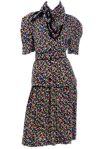 Vintage Albert Nipon Colorful Confetti Print Silk 2 Pc Dress with Scarf