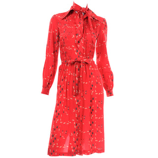 Vintage Albert Nipon Red Print Dress With Sash Scarf and Belt 1970s leaf